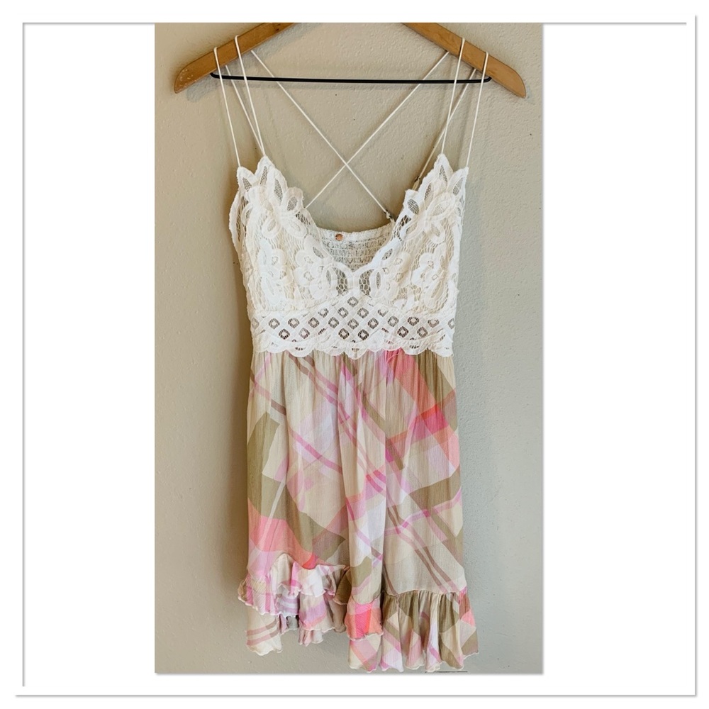 Free People Adella Slip Dress Printed Plaid Ivory Pink Size Large